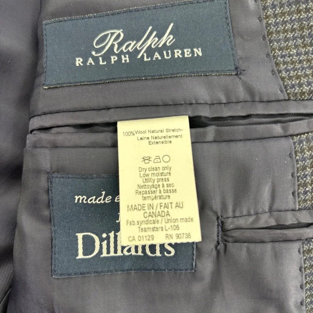 Ralph Lauren Sport Coat Mens 44R Grey Blue 100% Wool Houndstooth Blazer Designer